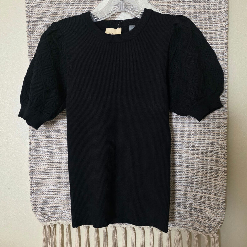 Elie Tahari Elic. Black Ribbed Knit Puff Sleeve Sweater Top Women’s S/P